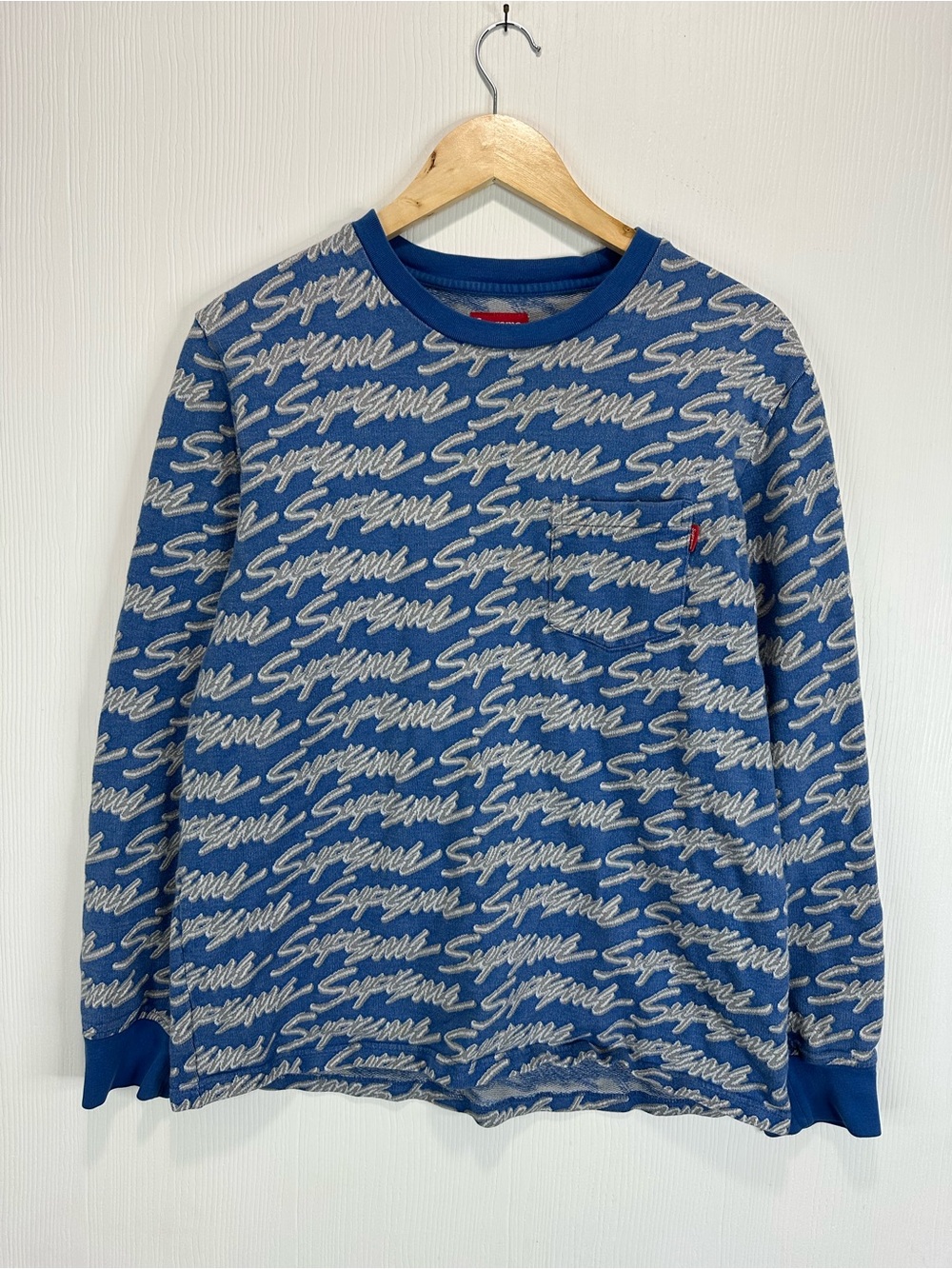 Supreme Blue Script Allover Logo Crewneck Sweater